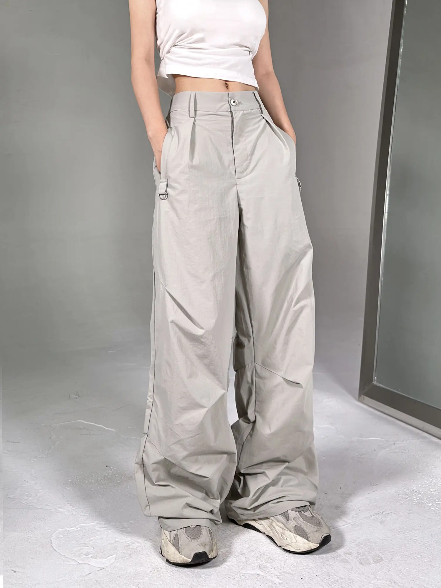 High Street Niche Pleated Design High-end Feel Cargo Work Pants Women's Nylon Casual Loose Long Pants