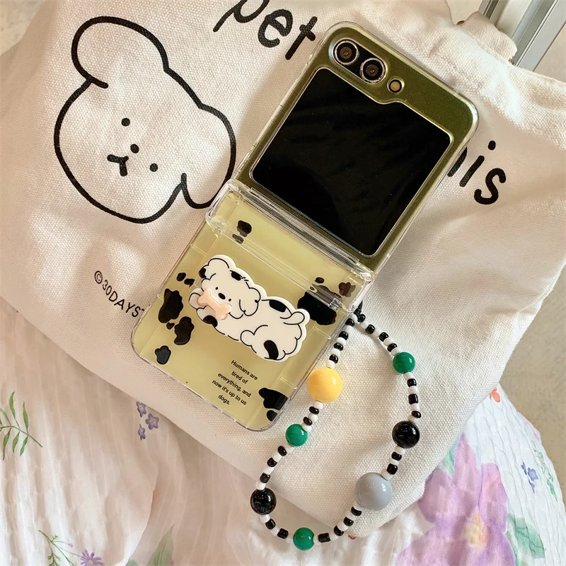 Coque de téléphone pour Samsung Galaxy Z Flip 3 4 5 6 Z Flip6 ZFlip6, bracelet de chien de dessin animé mignon, cartes d'insertion, coque transparente antichoc