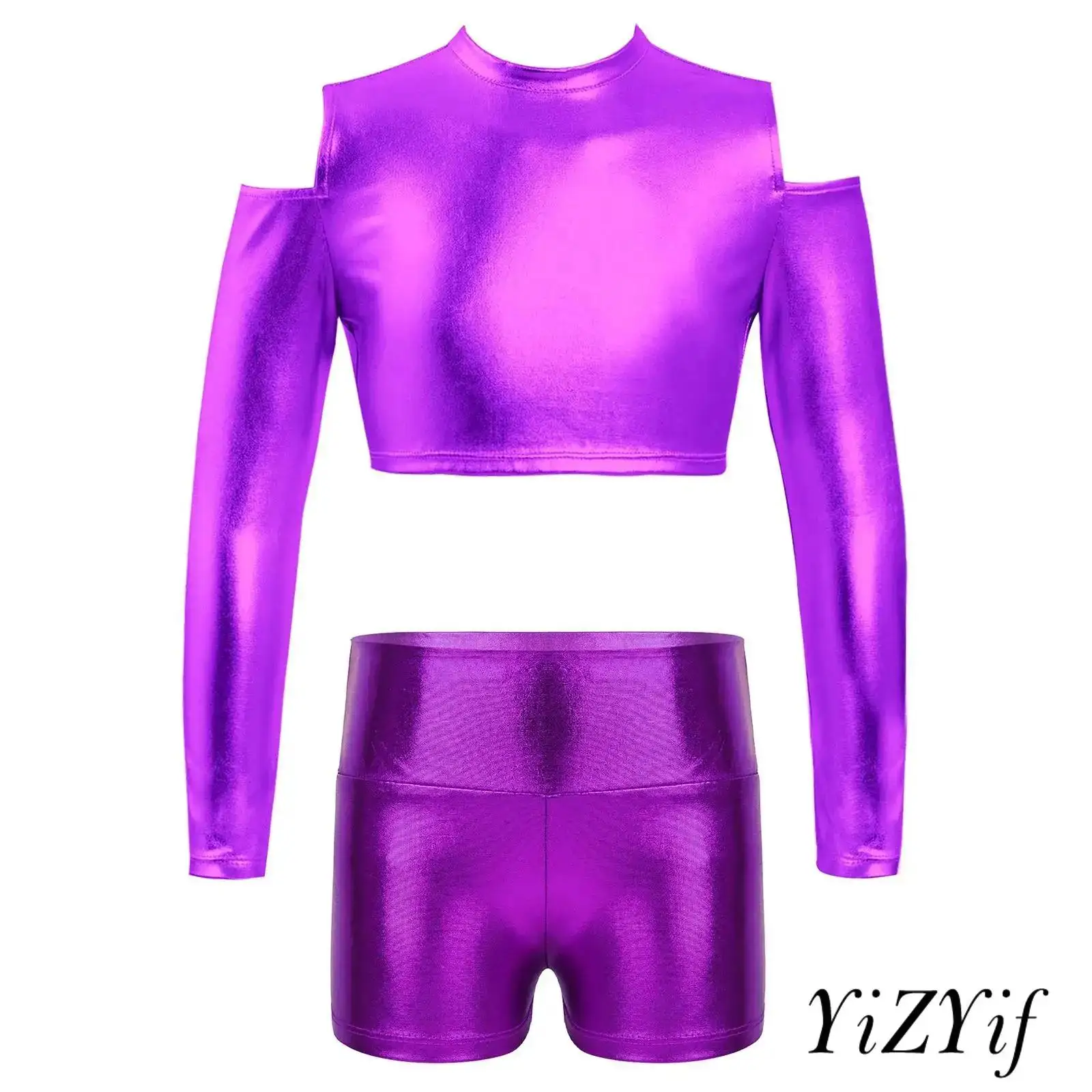 

Kids Girls Gymnastics Set Glossy Crop Top Long Sleeves Cold Shoulder with High Waist Shorts Dance Stage Performance Costume