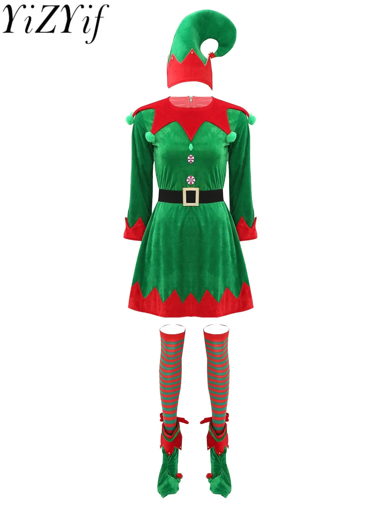 Womens Christmas Elf Costumes Pompom Contrast Velvet Dress Belt Hat Striped Stockings Shoes 5-Piece Santa Claus Fancy Dress Up