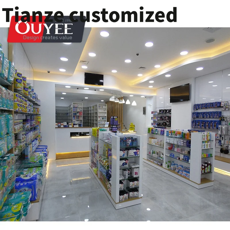 Customized-3D Shop Interior Design Drugstore Pharmacy Medical Store Wood Pharmacy Shelves Baking Paint MDF Pharmacy Counter