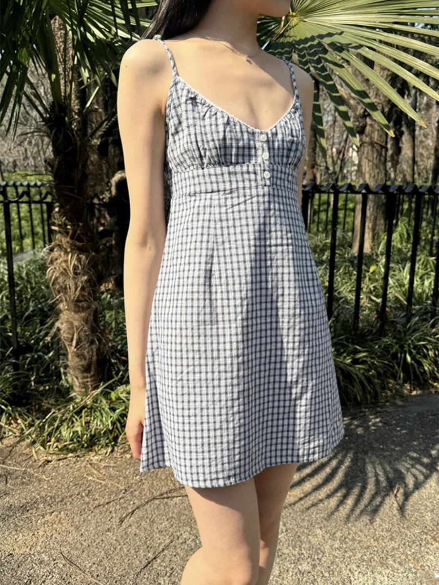 Blue Plaid V-neck Mini Dress Women Summer Casual Buttons Lace Trim A-line Short Vestidos Vintage Sweet Preppy Style Y2K Dresses