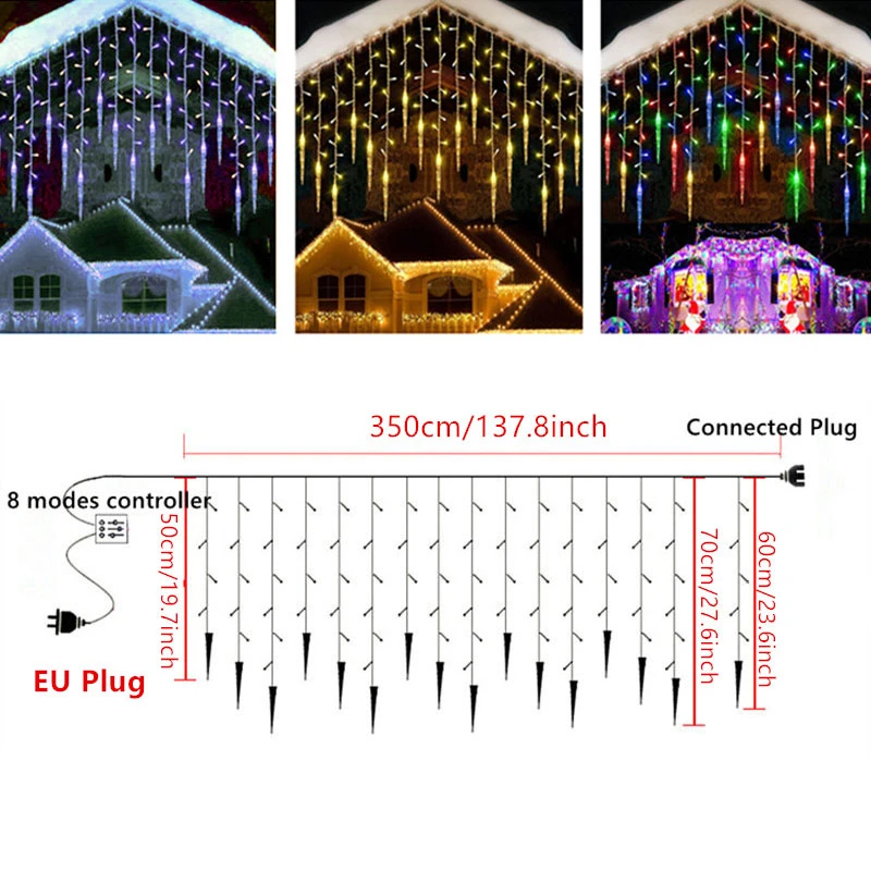 Street Garland on The House LED Icicle Curtain Lights Waterproof Connecter for Christmas Decoration Outdoor Lights Garland