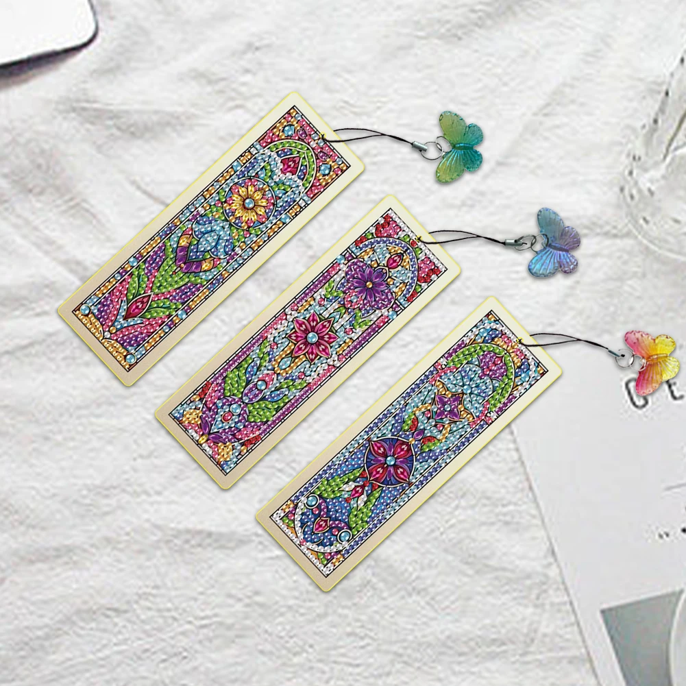 

3Pcs Flower Patterns DIY with Butterfly Pendants Diamond Painting Art Bookmarks for Beginners Ideal Choice for Home Office Use