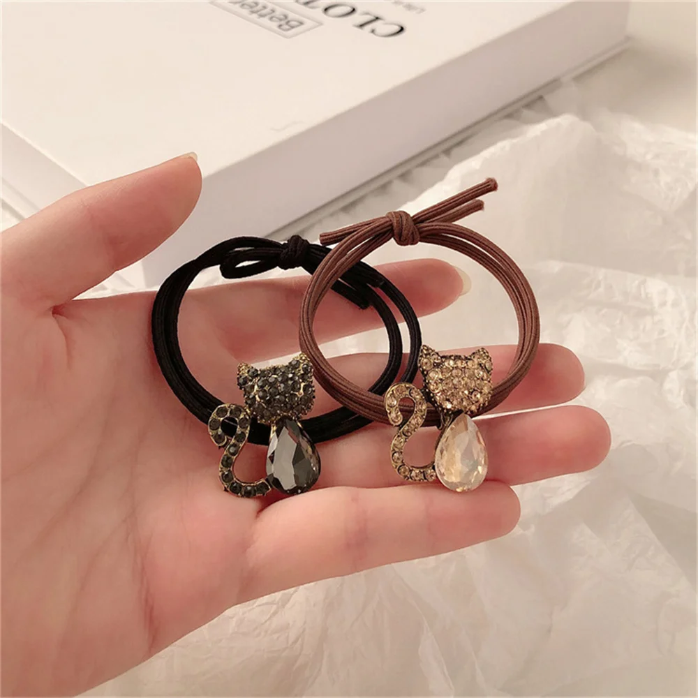 Fashion Rhinestone Crystal Cat Hair Rope Cute Metal Animal Hairbands Women Girls Elastic Ponytail Bun Headwear Jewelry Hair Ring