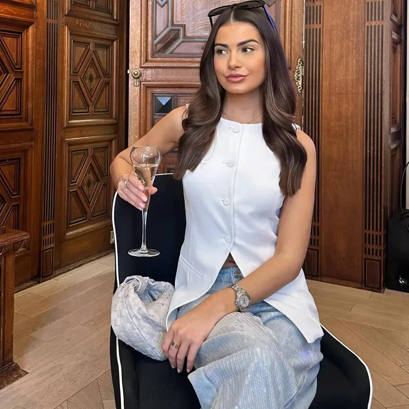 Biała kamizelka Kobieta Biuro Dama Bez rękawów Okrągły dekolt Casual Solidny garnitur Długie kamizelki Streetwear 2025 Nowe letnie kamizelki zapinane na guziki w kolorze czarnym