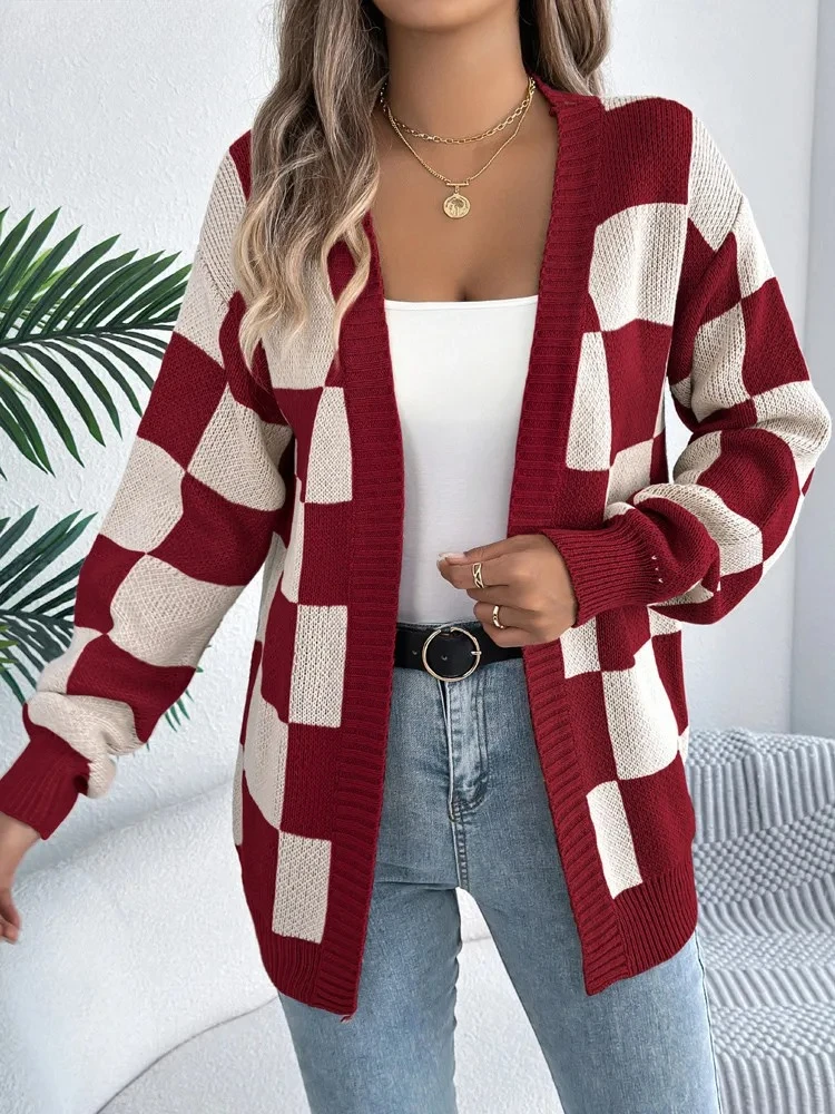 

Autumn Female Plaid Print Sweater Cardigan Winter Women Casual Loose Cardigan Lady Loose Long Sleeve Knitted Coat