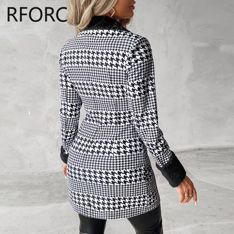 2023 Women Houndstooth Notched Collar Double Breasted Autumn & Winter Mini Blazer Dress