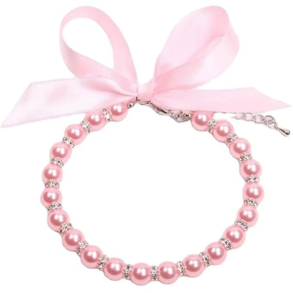 Imitation Pearl Cat Neck Chain Lace Bow Decor Adjustable Length Dog Neck Jewelry Pink Blue Black Pet Collar Decoration