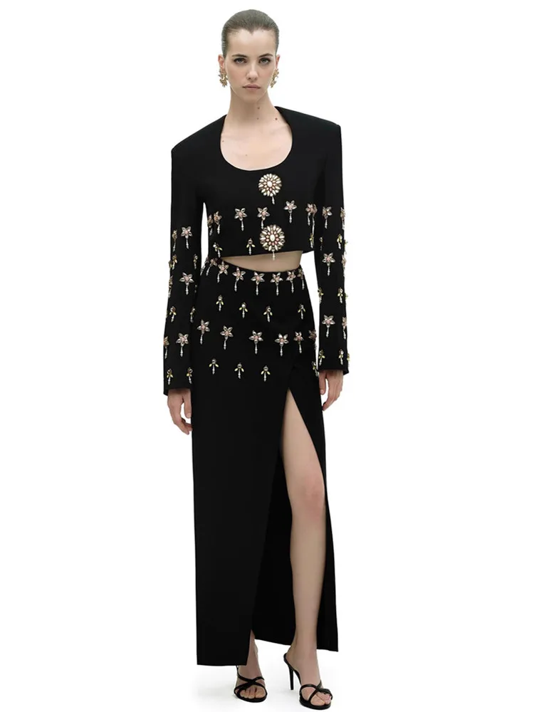

Women Sexy Long Sleeve Diamonds Beading Maxi Long Black Two Pieces Skirt Bandage Set 2025 Celebrity Designer Fashion Women's Set
