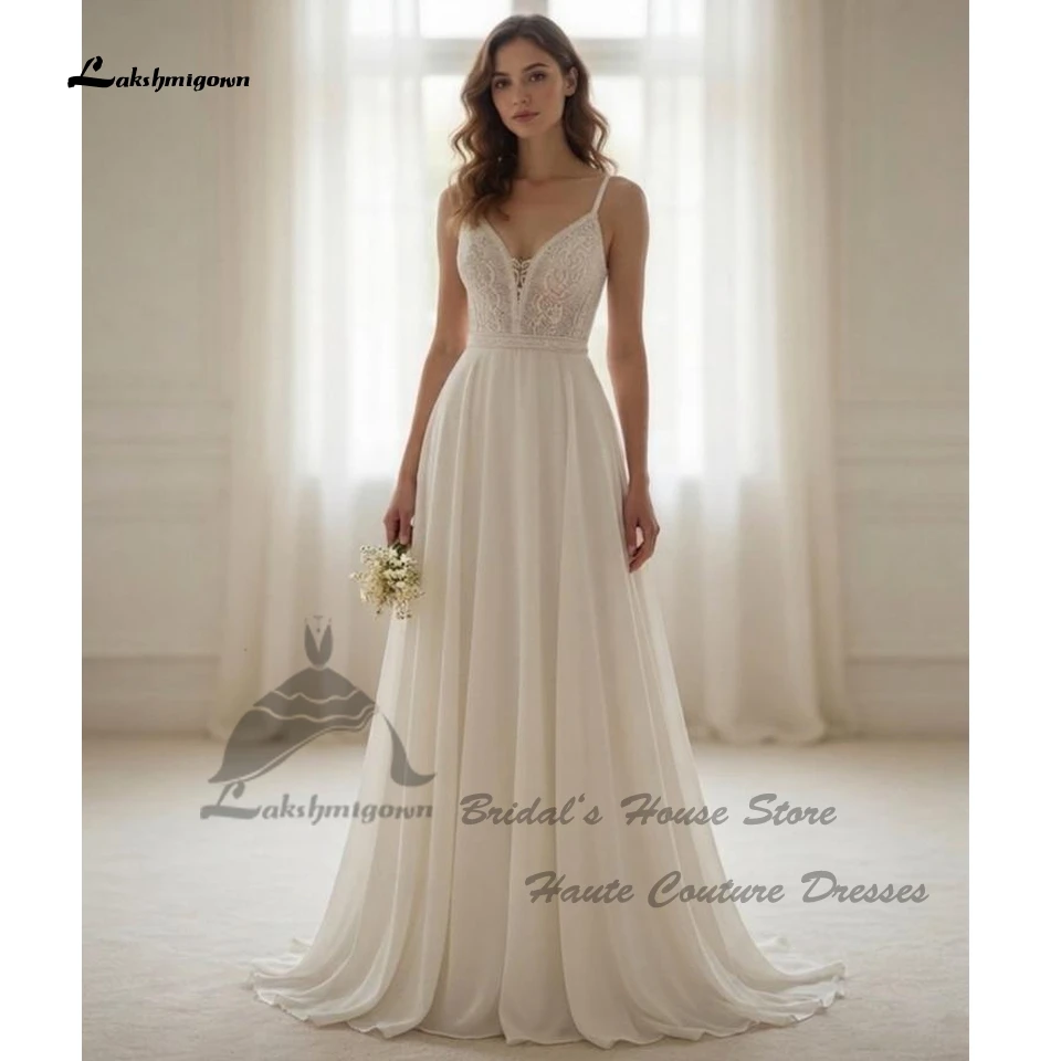 Lakshmigown Sexy Chiffon Langes Strand-Hochzeitskleid 2026 Maßgeschneiderte A-Linie Spitzen-Brautkleider V-Ausschnitt Spaghettiträger – Detail 5