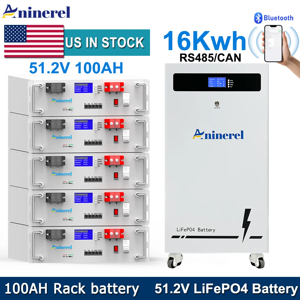 Aninerel 51.2V 100AH 314Ah 5.12Kwh 16Kwh LiFePO4 Battery Pack High Capacity Energy  Bluetooth BMS 200AH 100AH RS485/CAN/RS232 for home