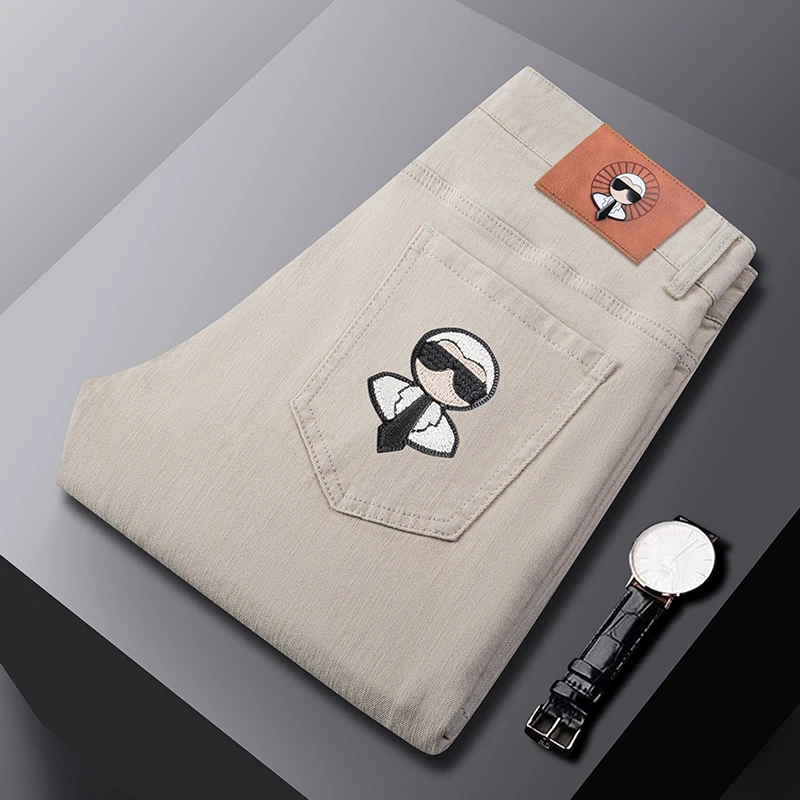 

Fashionable slim fit men's pants brand, spring and summerjeans, luxurious stitched elastic pants