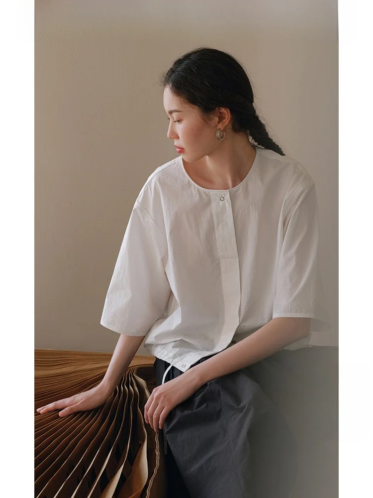 

Travel Original High-densi 00% Cotton Dstring Women's irt Casual round Ne Loose Fit Summer Top White Blouse