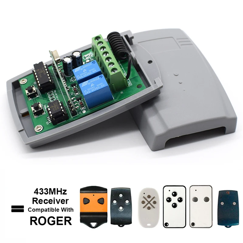 

ROGER 433MHz Garage Receiver Relay For Roger E80/TX52R/2, E80/TX54R/2, H80 TX22 M80 TX44R TX12 TX14 433.92MHz Remote Control