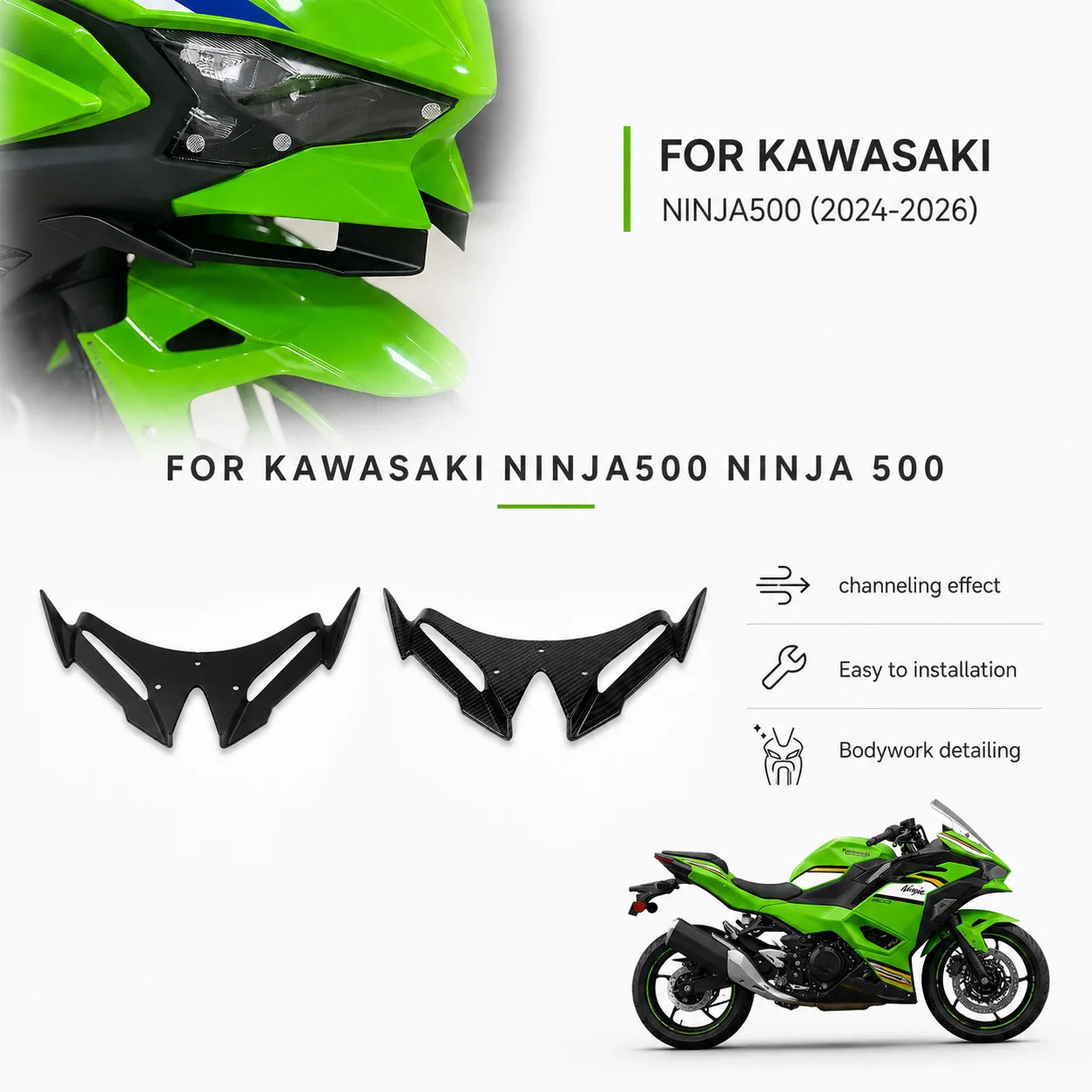 FOR KAWASAKI NINJA500 NINJA 500 2024-2026 Motorcycle Front Fairing Winglets Aerodynamic Wing Shell Cover Protection Deflector