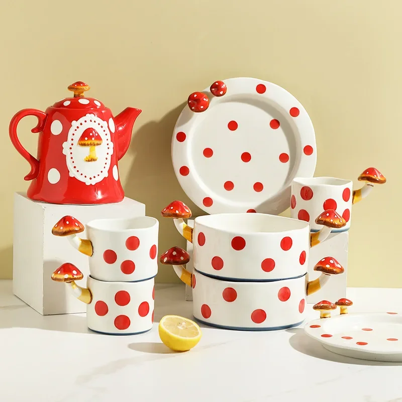 Embossed Mushroom Ceramic Tableware Set, Western Steak Plate, Handled Noodle Bowl, Cute Coffee Cup, Home Party Decoration Gift