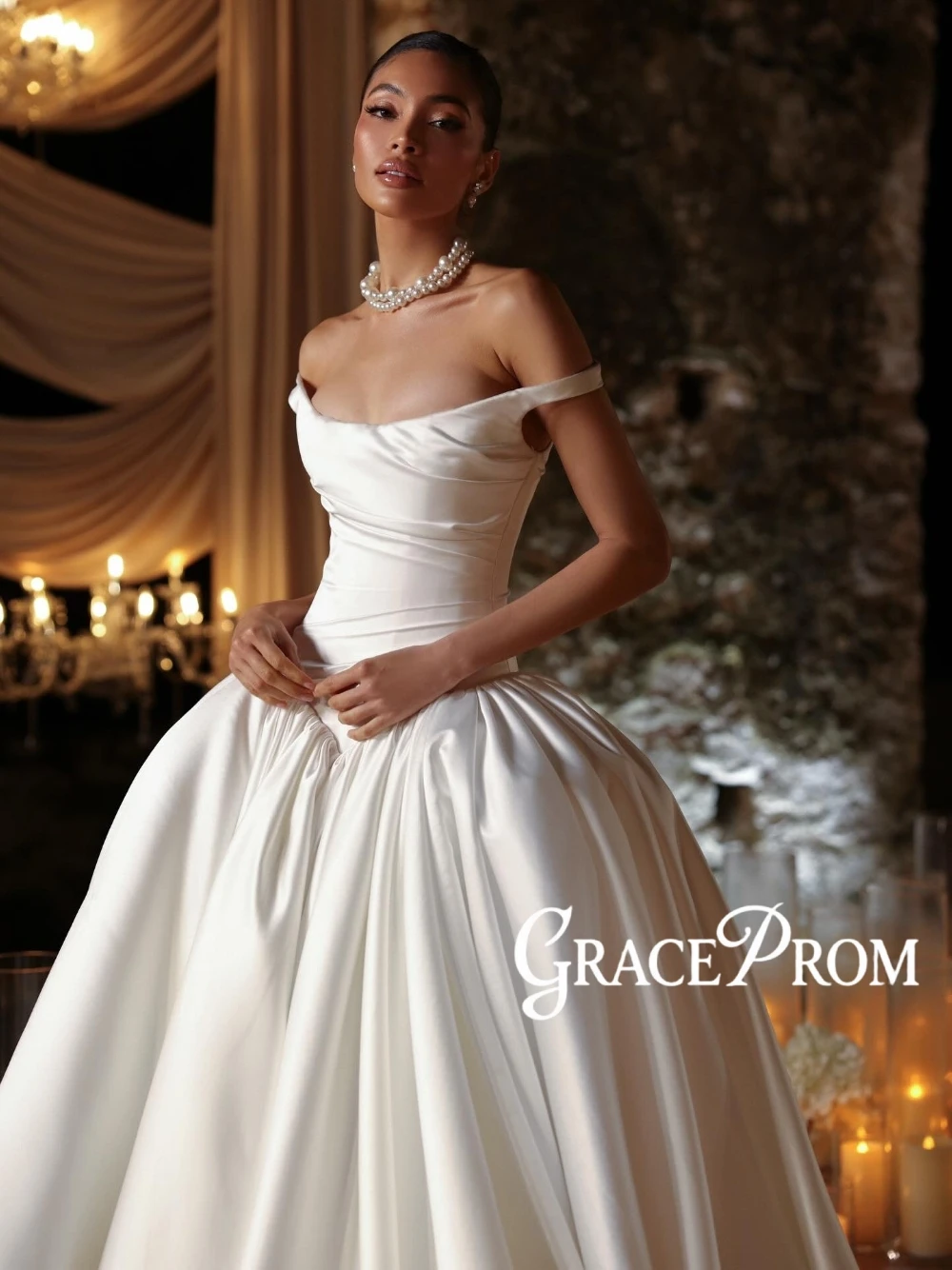 

GRACEPROM Satin Wedding Dress Off Shoulder Elegant Ball Gown Customized Court Train Fashionable Charming Princess Bride Wear