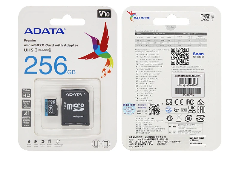 ADATA TF A1 Premier microSDXC 32GB 64GB 128GB 256GB UHS-I A1 Memory Card Class 10 V10 100MB/s Read 25MB/s Write with SD Adapter