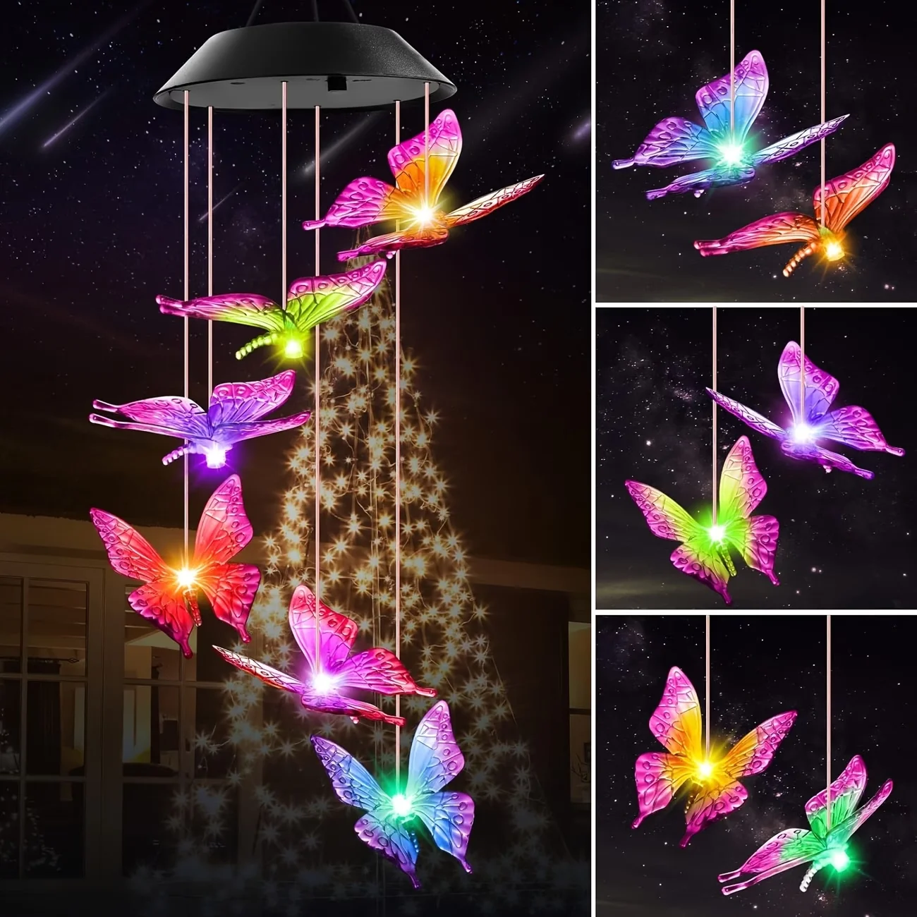 1PC Solar Butterfly Wind Chimes Color Changing LED Outdoor Decor Hanging Light Suitable For Patio Yard Garden Tree Party Decor