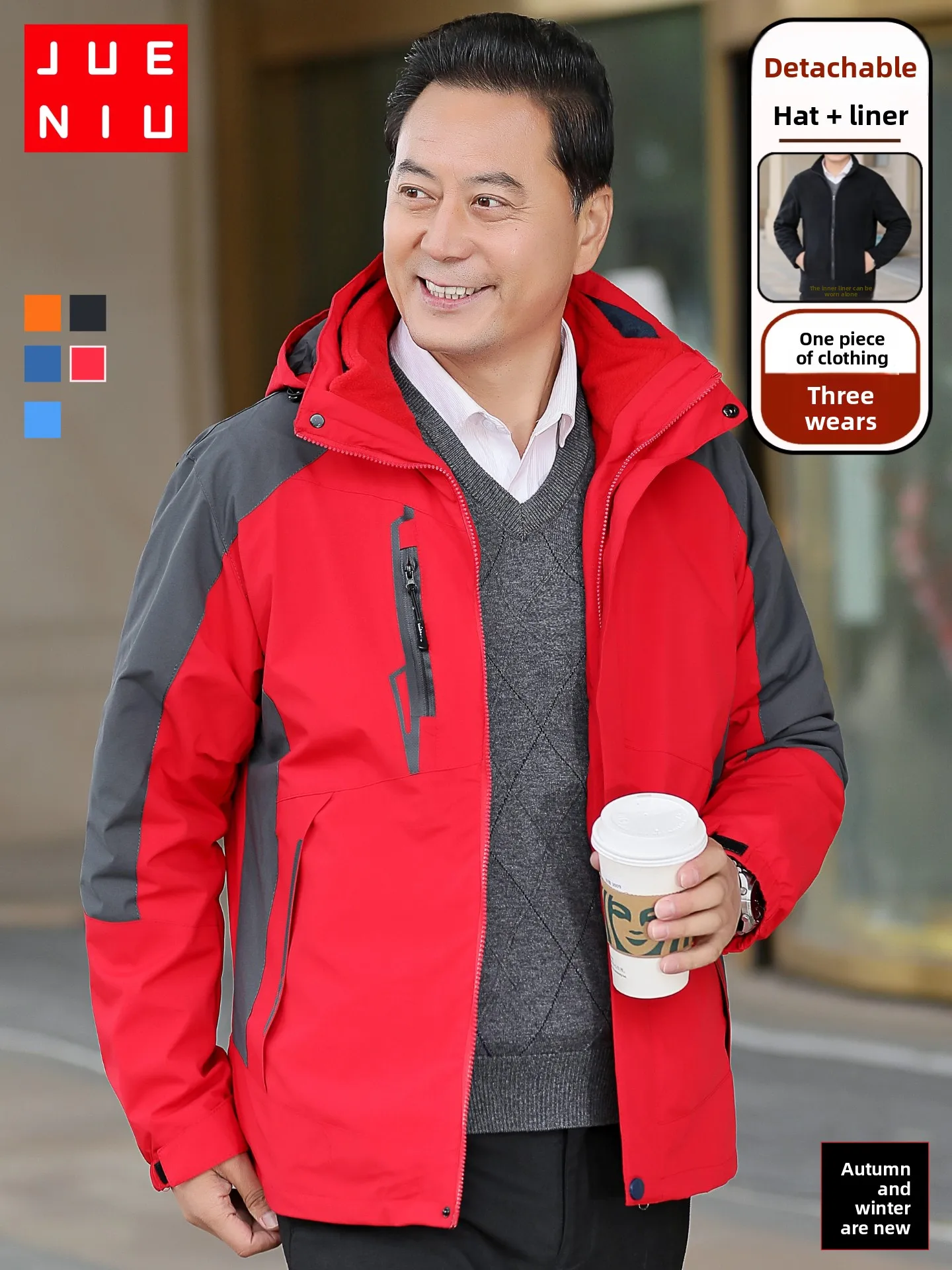 

Thiened Tee-in-One Winter Jaet for Middle-Aged Men Casual Polyester Fiber Coat with Detachable Inner Vest for ly