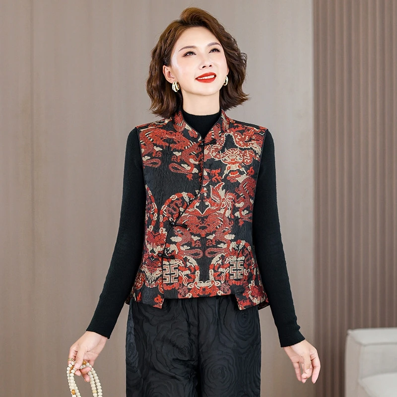 

Элегантный жилет в винтажном китайском этническом стиле 2026 года, с жаккардовым узором «Феникс», воротником-стойкой, без рукавов, традиционный топ в стиле ханьфу