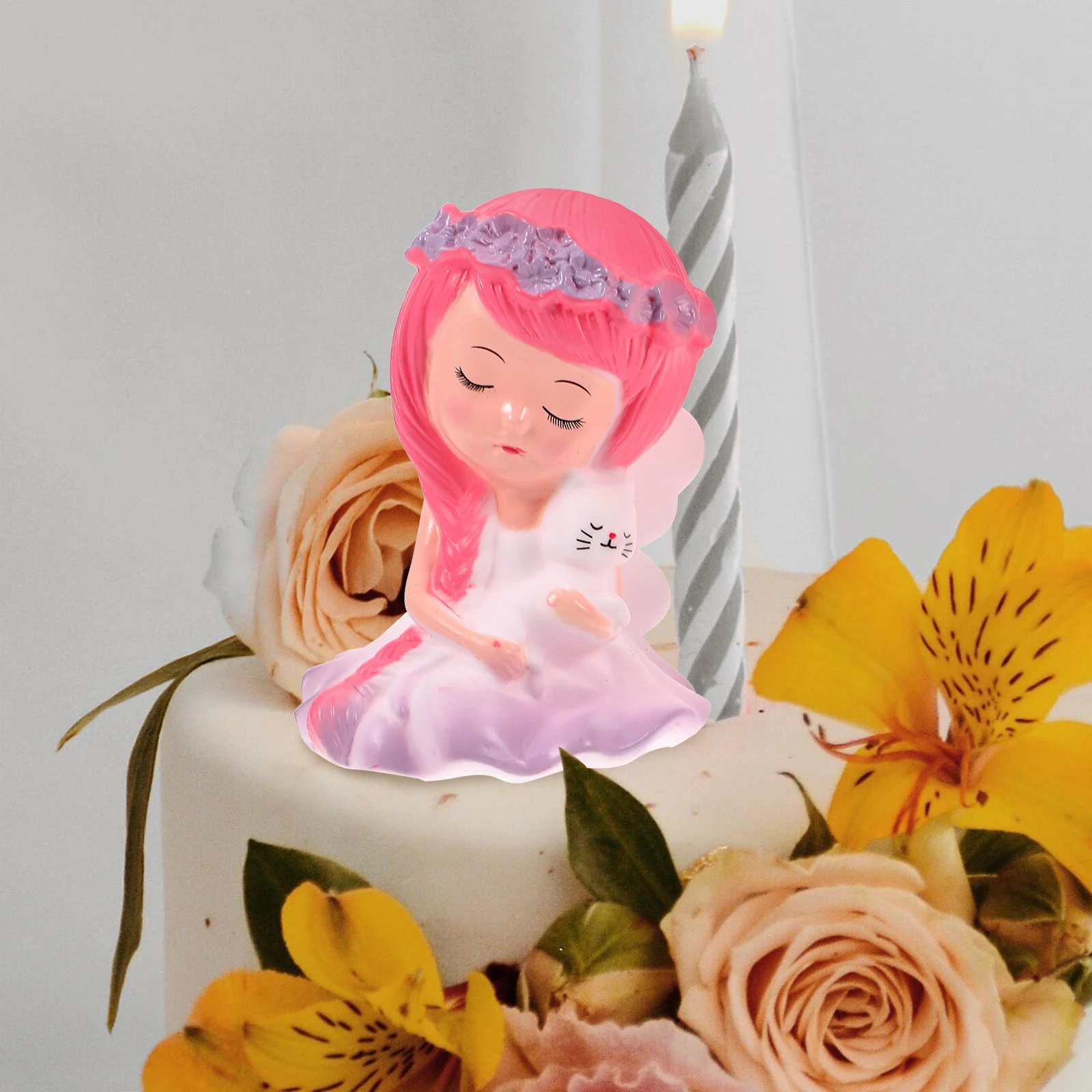 

Wreath Cat Girl Figurine Statue Sculpture Cake Ornament Birthday Decor Holiday Little Tabletop