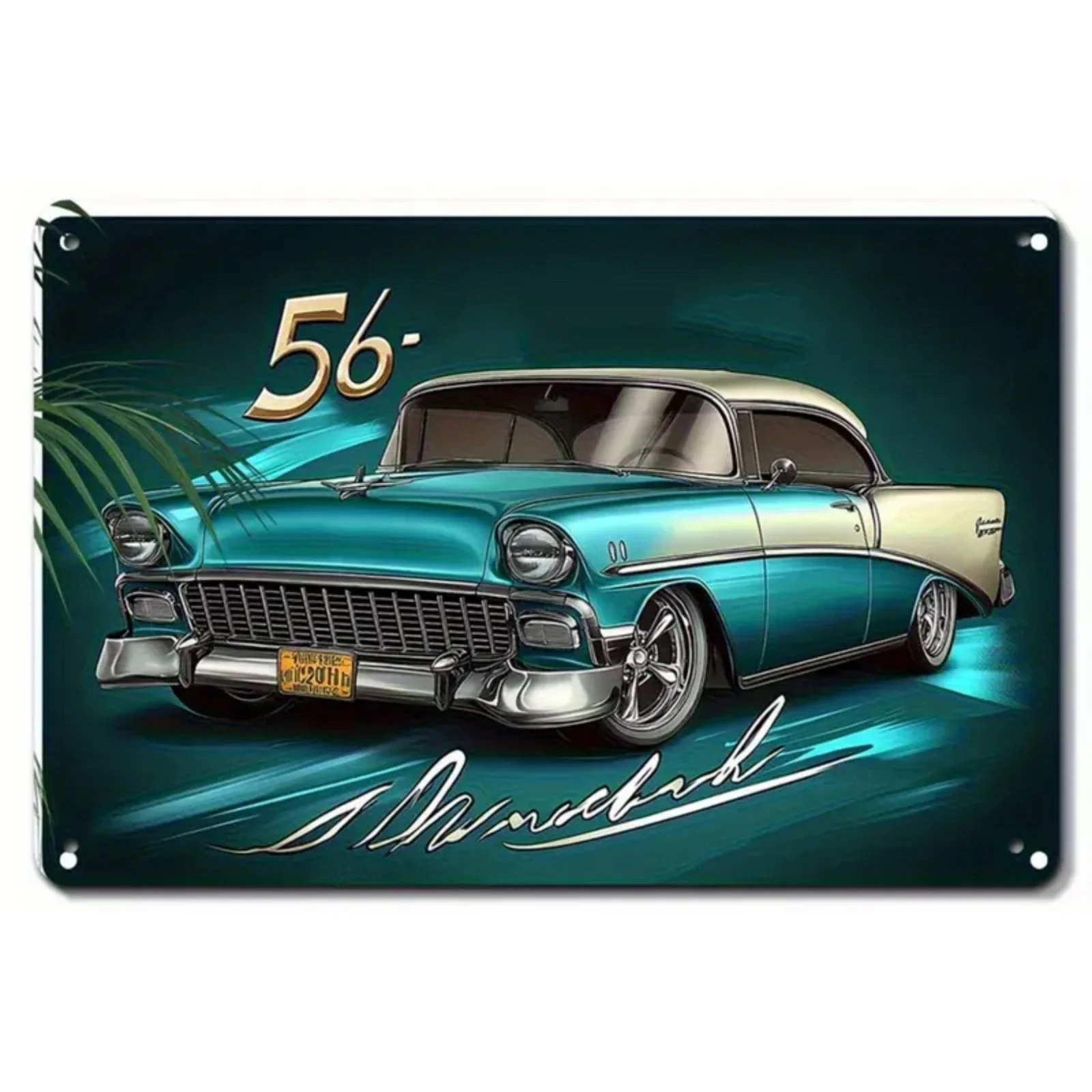1956 Convertible Car Metal Sign - Mid-Century Modern Turquoise & White Retro Auto with Chrome Accent - Heavy-Duty Iron Construct