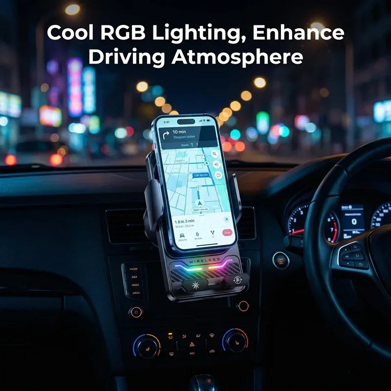 15W Universelles kabelloses Auto-Handy-Ladegerät mit Halterung und automatischer RGB-Lichtsensorik für Samsung S26 iPhone 17 16 15 14 13 12 11 Pro Max – Detail 6