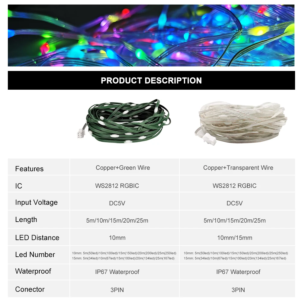 5m 10m 15m 20m 25m WS2812 LED String Party Christmas Light Individually Addressable RGB Color Outdoor Waterproof IP68 Strip DC5V