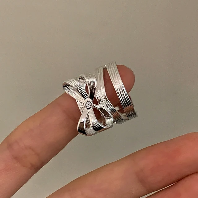 الفضة تصفيح الزركون خط Bowknot افتتاح خواتم للنساء الحد الأدنى لطيف الأزياء والمجوهرات شخصية الملحقات