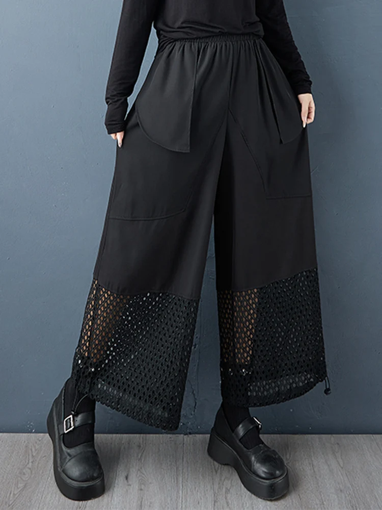 Noir Vintage Patchwork maille taille haute pantalon à jambes larges femmes nouveau printemps automne décontracté pantalon ample mode Streetwear 2025