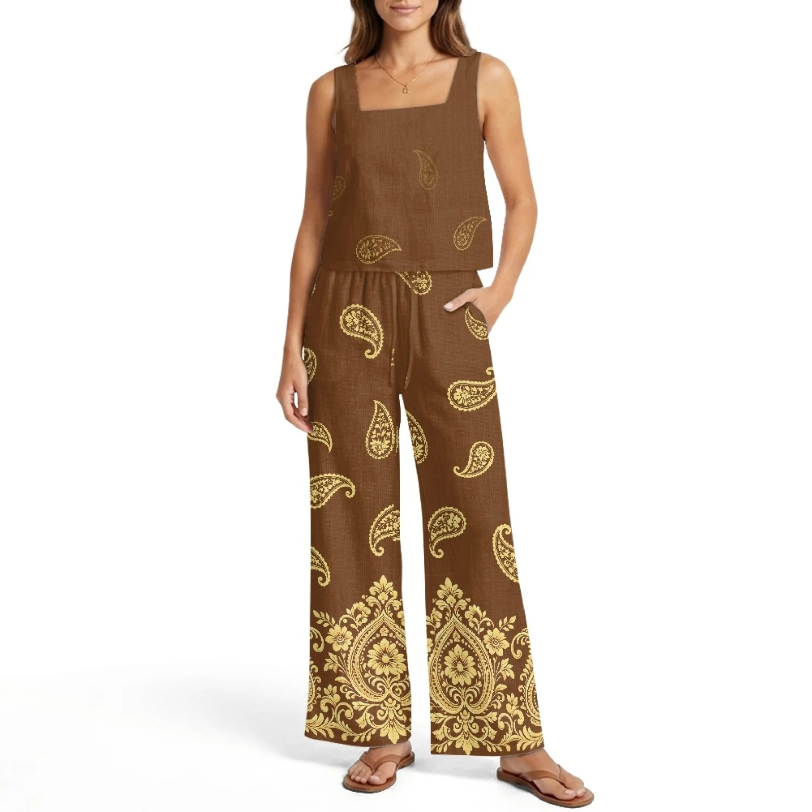 INSTANTARTS Women’s Linen Vest Set Women’s Wide-leg Trousers Lightweight Breathable Soft Comfortable Quick-dry Outfit Paisley view 3