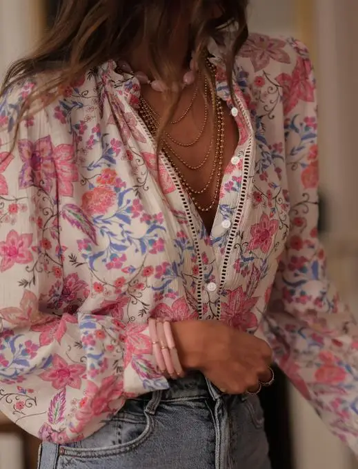 

Spring and Autumn Casual Elegant Style Flower Printed Long Sleeved Shirt for Women, Slim Fit Button Front Long Sleeved Shirt