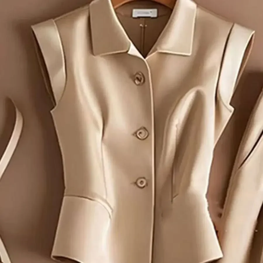 Set pakaian untuk wanita kantor elegan baru atasan ramping tanpa lengan Lapel tanpa lengan + celana kaki lebar dua potong untuk wanita kantor