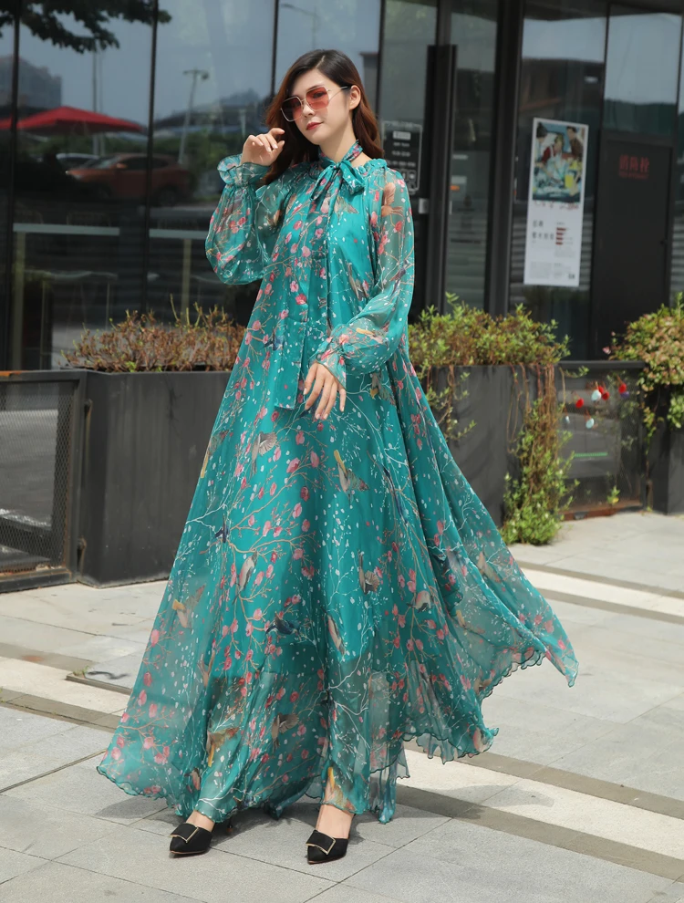 New Arrives Chiffon Long Sleeve Floral Print Dress Boho Plus Size Women Beach Party Garden Abaya Kaftan Elegant Vestidos Robes