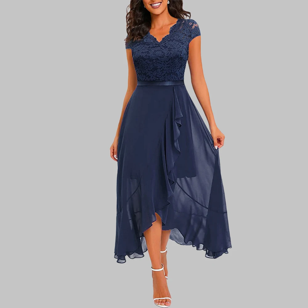 Evening Gowns Women Elegant Fashion Sleeveless Lace Spliced Chiffon Ruffled Irregular Hem Long Dress Summer New Cocktail Dresses