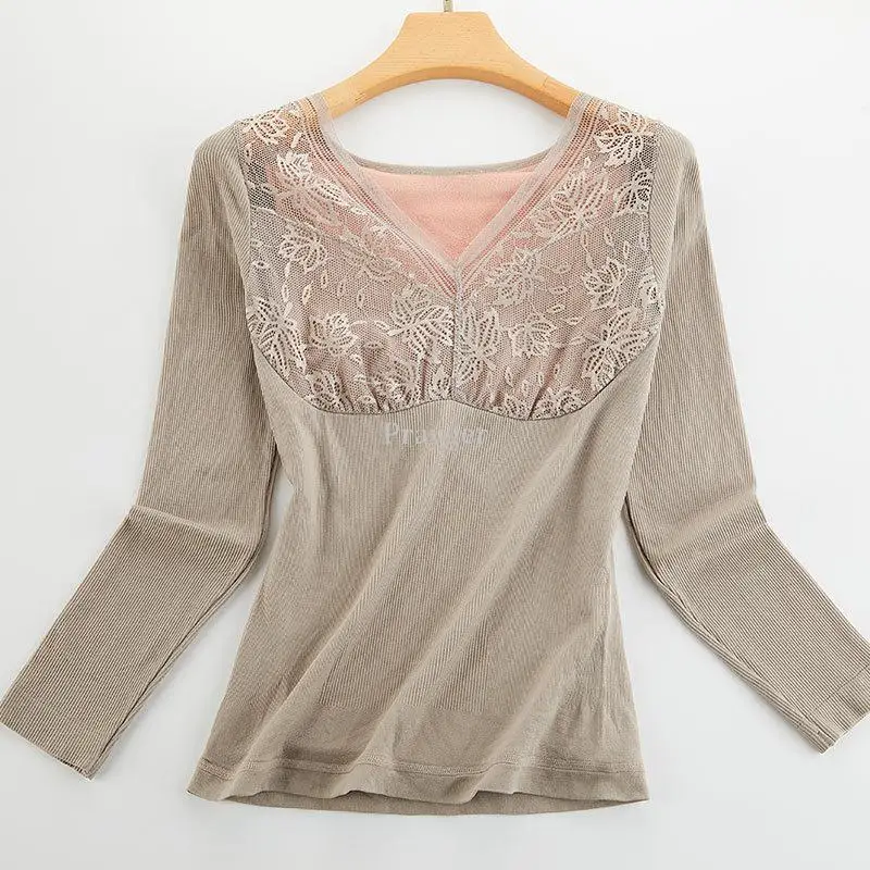 Women Fleece Thermal Underwear Lace Winter Tops Warm Slim Body Clothes Long Sleeves