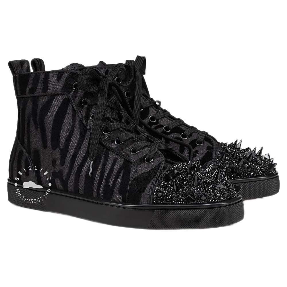 Sparkling Crystal Spikes High-Top Sneaker Animal Print Design Black and Gray Zebra Pattern Lace Up Designer Casual Shoes for Men