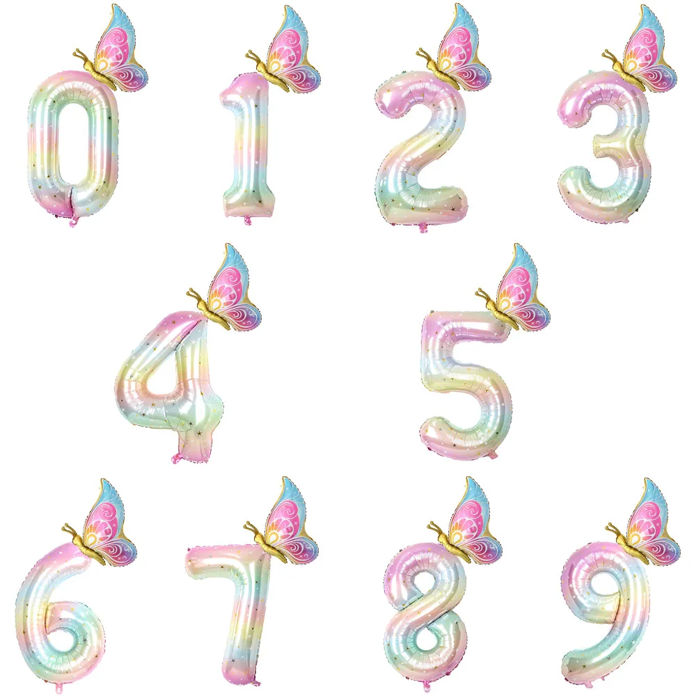 

2pcs 40Inch Colorful Gradient Number Balloon 0-9 Digit Foil Helium Balloon Butterfly Girl Birthday Party Decor Baby Shower Kids