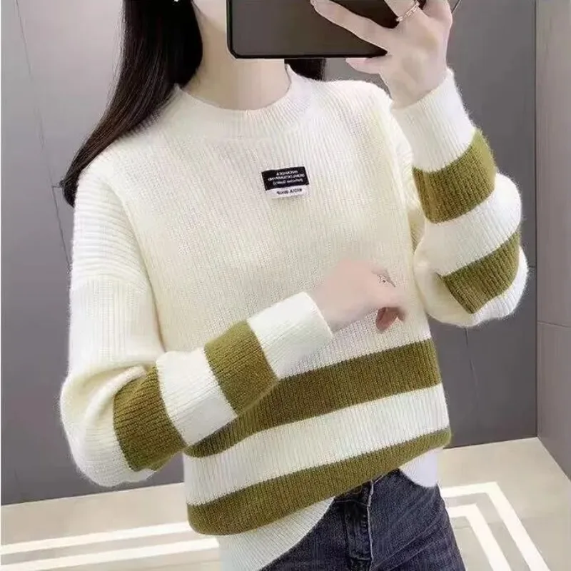 Autumn and Winter Women\'s Contrast Color Crew Neck Long Sleeve Loose Knitted Sweaters Jumpers Fashion Casual Office Lady Tops