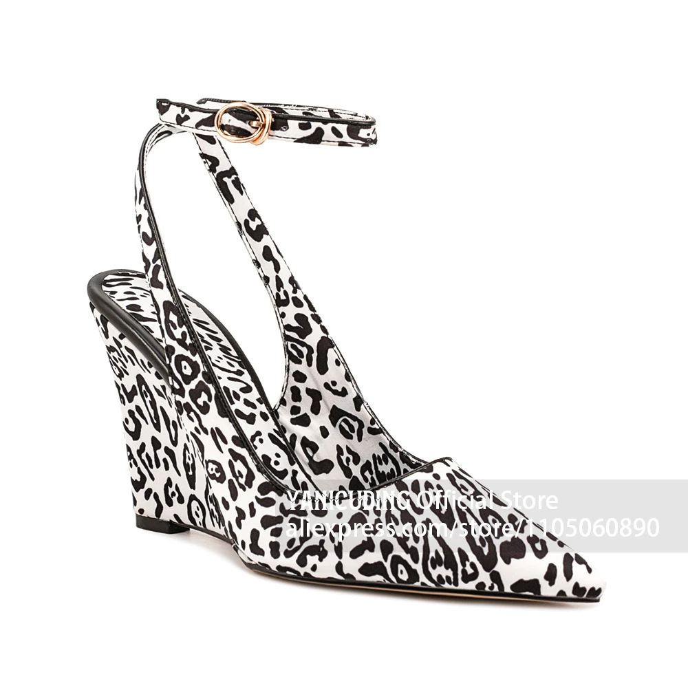 Leopard Print Ankle Strap Wedge Heel Pumps Pointed Toe Slingback Wedge Summer Shoes Sweet Cool Animal Print Ankle Strap Sandals
