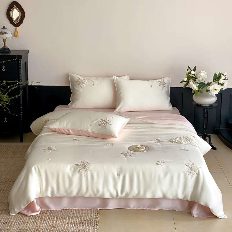 

Элитный комплект постельного белья из лиоцелла 60S, кремово-розовый с цветочной вышивкой, включает пододеяльник и наволочки, мягкая простыня/простыня на резинке, 4 предмета