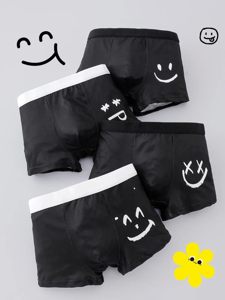 4 calzoncillos tipo bóxer con estampado sonriente de punto para niños y adolescentes, tela cómoda y agradable para la piel para todas las estaciones