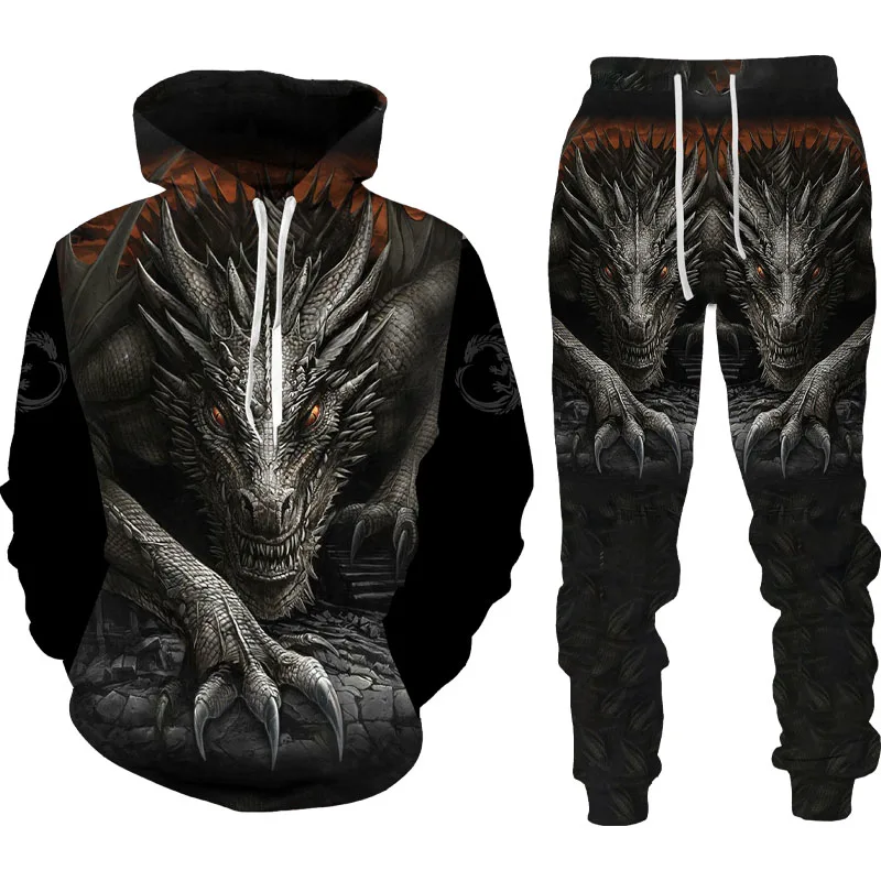 Europa und Amerika Herren Familie Hoodie Set 3D gedruckt Mode Drachen Freizeit Sportswear Herbst und Winter Herren Familie Set