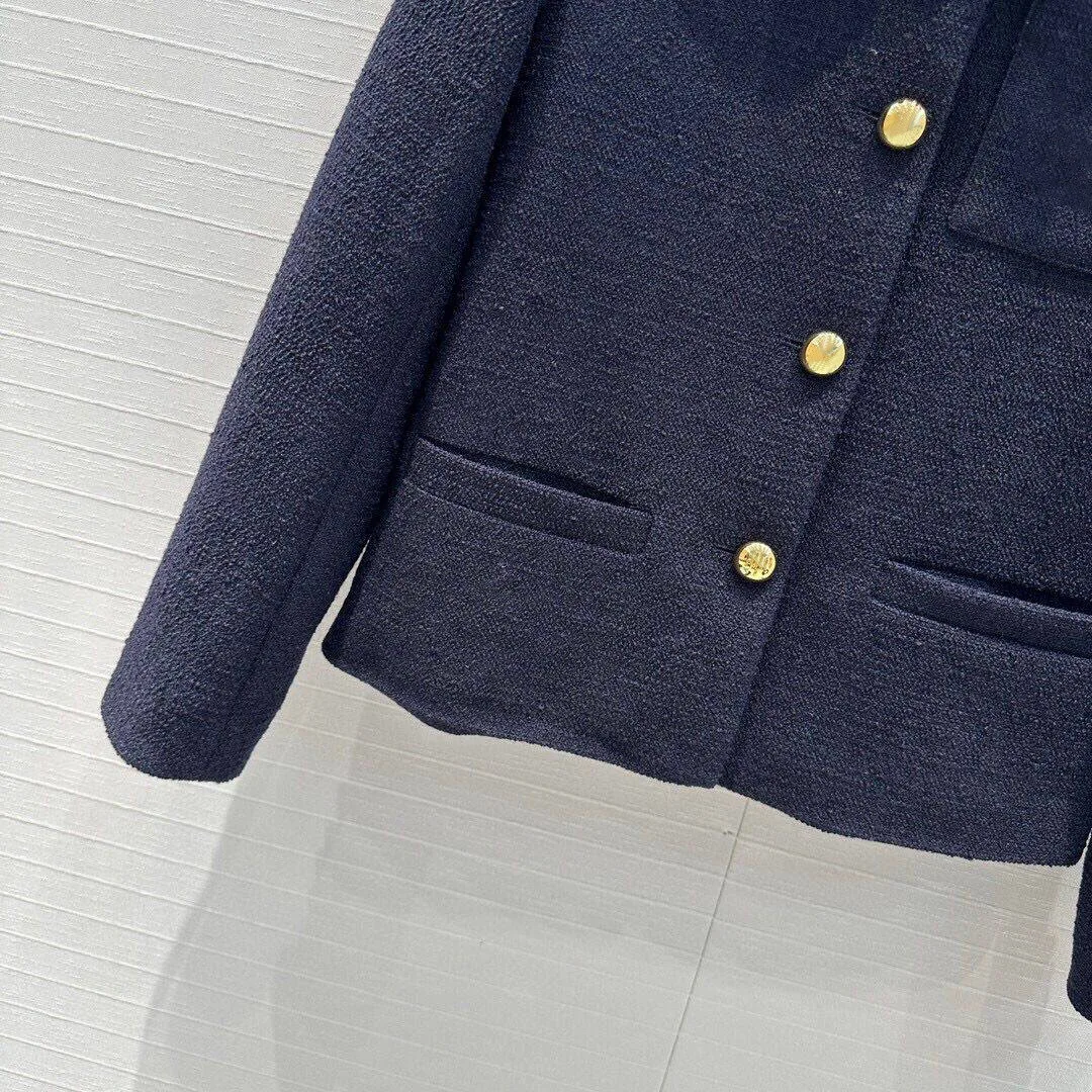 2024 New Early Autumn Navy Wool Blends Tweed Jacket Women Lapel Long Sleeve Gold Buttons Front Pocket Preepy Style Retro Coat