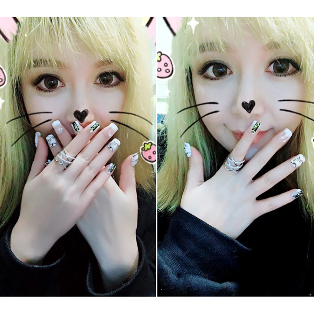 24枚入り マーブルプリント 付け爪 ミディアム丈 フルカバー ネイルチップ 女性用 無毒 DIY マニキュアセット ファッションネイルアート