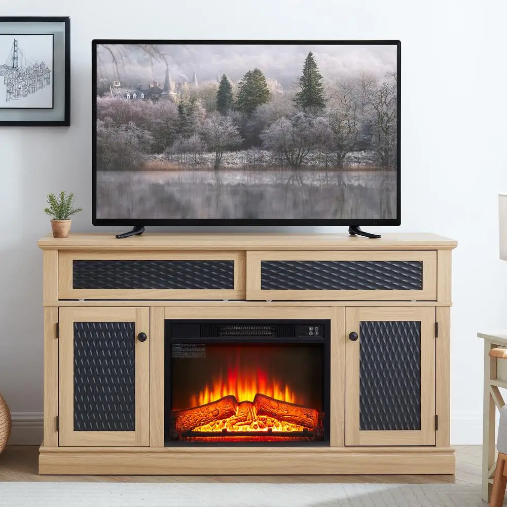 حامل تلفزيون مزرعة منقوش مع وحدة تحكم وسائط من خشب البلوط مقاس 23 بوصة مدفأة كهربائية مقاس 65 بوصة تدعم التلفزيون باب منزلق للتخزين المغلق #1