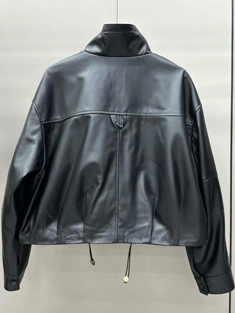 Büro Damen Echtes Leder Stehkragen Mode Jacke Einfarbig Schaffell Lange Ärmel Lose Zipper Taste Oberbekleidung