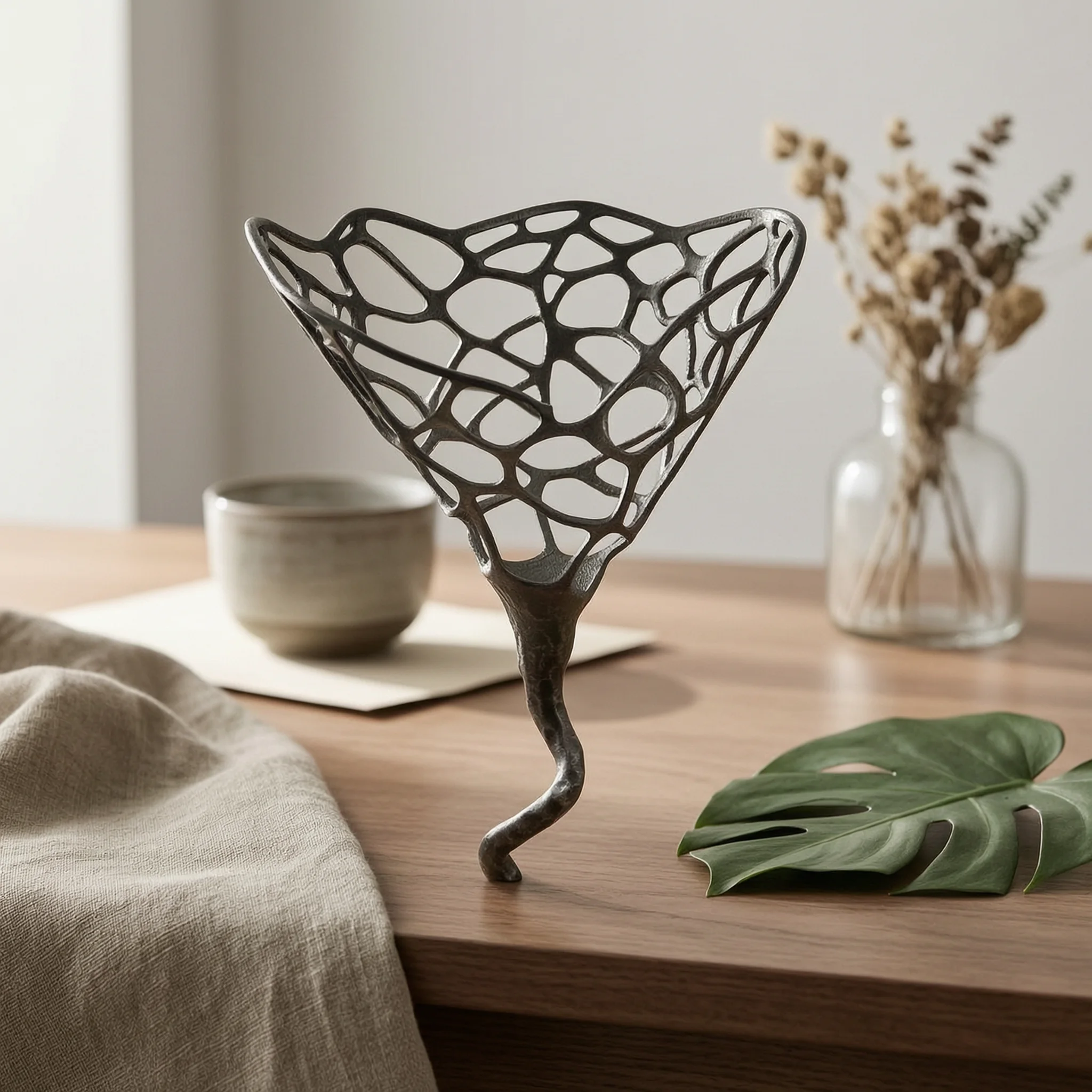 Decorative Bowl with Pedestal Brushed Openwork Pedestal Bowl Vessel Sculptural Unique for Decorators, Tabletop, Dining Table